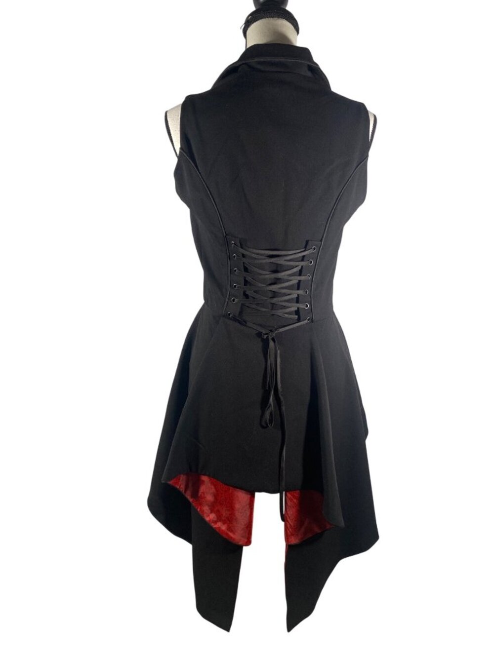Gothic High-Low tail Vest jacket Red Satin Lining corset tie Lace-Up Size L - Picture 4 of 10